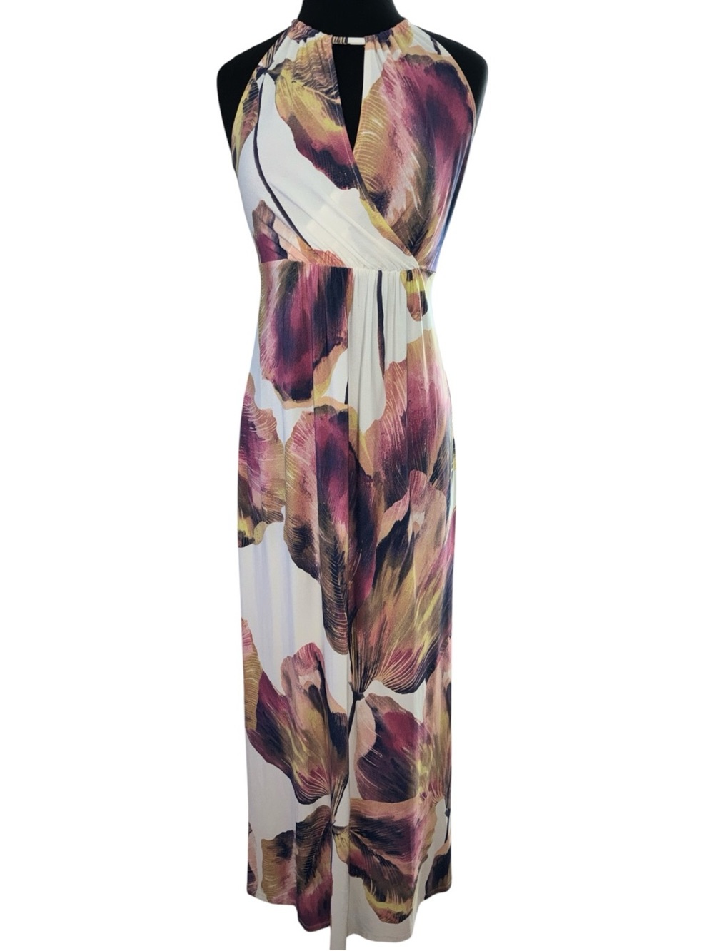 London Times Halter Maxi Dress in Ivory/Plum/Gold Floral Print P:14-16”, L:60”